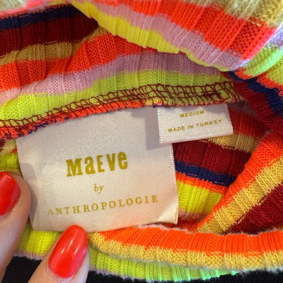 Anthropologie Maeve Neon Rainbow Bright Stripes Puff Sleeve Turtle Neck Medium - Picture 3 of 4